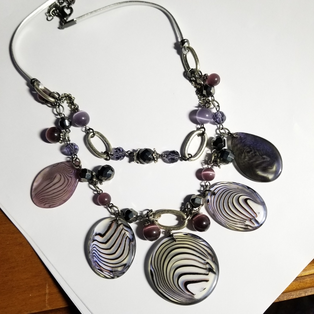 Laura Ashley necklace purple black silver faux agate artsy swirl marbled